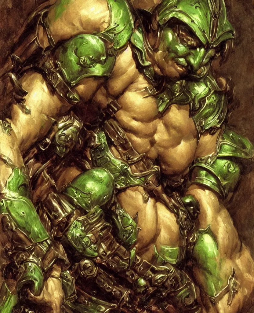 Image similar to medieval, attractive muscular male half elf half orc character design, armor, green skin, painting by gaston bussiere, craig mullins, j. c. leyendecker, tom of finland