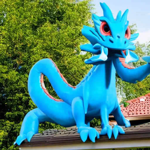 Prompt: children's cartoon of a blue dragon sitting on top of a suburban home