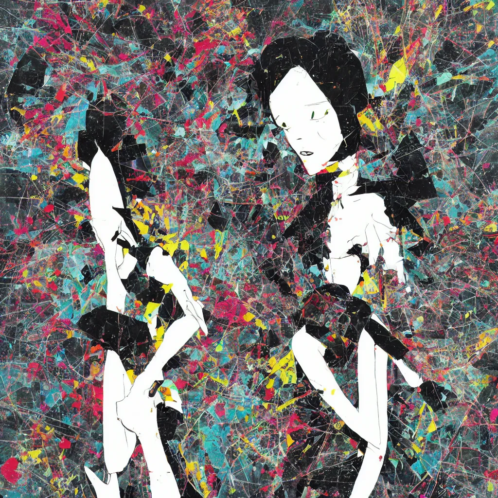 Image similar to girl figure, abstract, jet set radio artwork, ryuta ueda artwork, cryptic, rips, spots, asymmetry, stipple, lines, glitches, color tearing, pitch bending, stripes, dark, ominous, eerie, hearts, minimal, points, otomo katsuhiro artwork, technical, natsumi mukai artwrok, folds