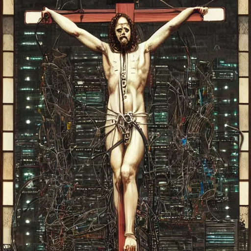Image similar to a man crucified on a cybernetic sci - fi cross, full of computer elements and cables, symbolic, intricate, hyperdetailed, religious, painting, cyberpunk