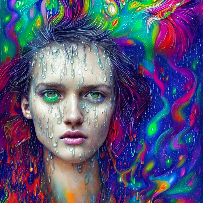 Image similar to bright psychedelic portrait with rain on face and wet hair, wings, smiling, diffuse lighting, fantasy, intricate, elegant, highly detailed, lifelike, photorealistic, digital painting, artstation, illustration, concept art, smooth, sharp focus, art by John Collier and Albert Aublet and Krenz Cushart and Artem Demura and Alphonse Mucha