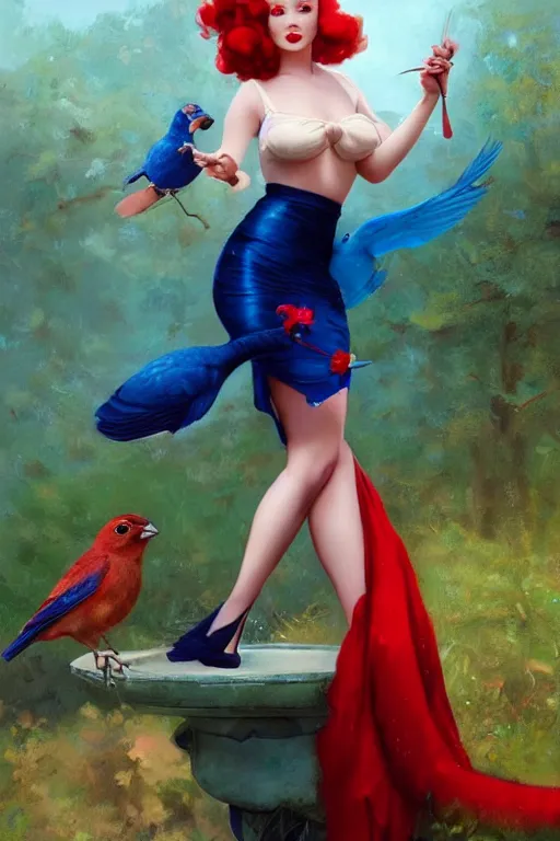 Image similar to hyper realistic painting, tasteful pinup girl, fashionable red hair, holding an indigo bunting, bird, the bird is wearing a bowtie, by greg rutkowski, rossdraws, gil elvgren, enoch bolles, anime, porcelain skin, very coherent