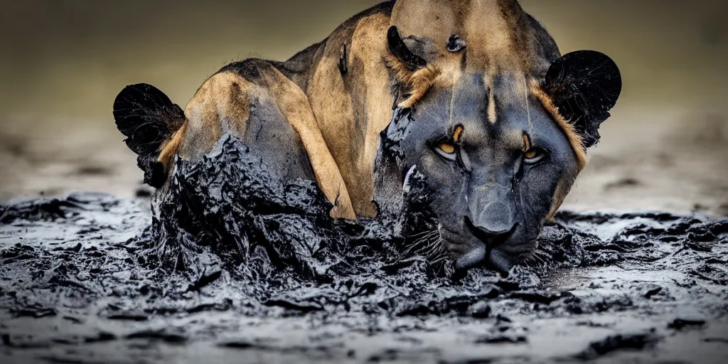 Prompt: a black lioness, made of black goo, bathing inside the lake of black goo, full of goo, covered with black goo. dslr, photography, realism, animal photography, color, savanna, wildlife photography, black goo