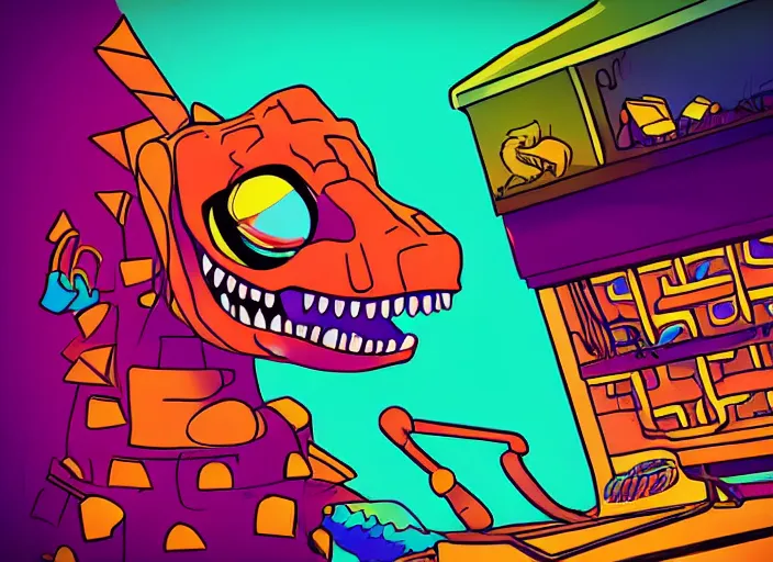 Prompt: digital art of a dinosaur made of waffles barbecuing chewing gum. in a room with neon rainbow color drapes. outside the window a anachronism noir future.