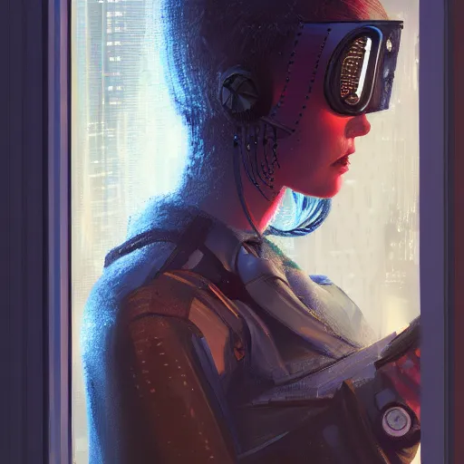 Prompt: portrait of cyberpunk woman looking out of a window, cyberpunk setting, futuristic, highly detailed, intricate lighting, digital painting, sharp focus, illustration, trending on artstation, by rob rey