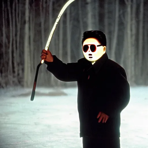 Image similar to movie still of Kim Jong-il wearing a white hockey mask in the role of Jason Voorhees from Friday the 13th, Cooke Varotal 20-100mm T3.1