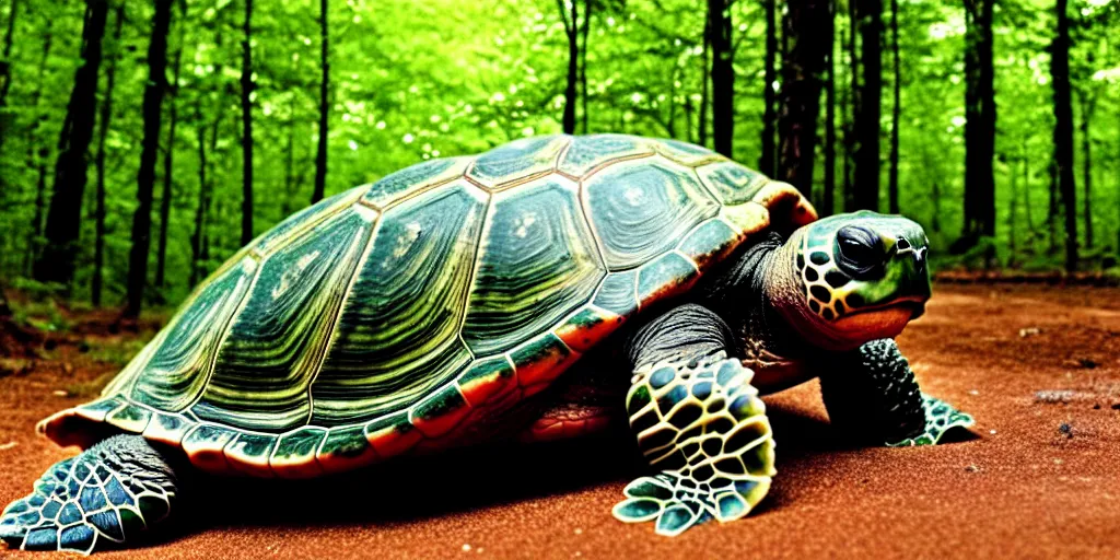 Image similar to a humongous turtle, forest growing on its shell