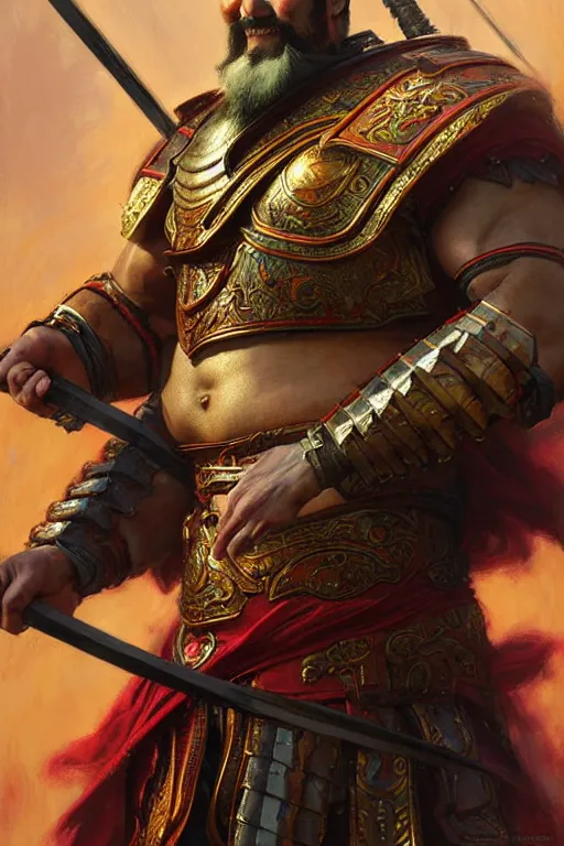 Image similar to attractive beefy male with armor, guan yu, character design, colorful paint, sweat, painting by gaston bussiere, craig mullins, j. c. leyendecker