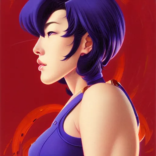 Prompt: head and shoulders portrait of Motoko Kusanagi, Starcraft illustration, medium shot, intricate, elegant, highly detailed, digital art, ffffound, art by gil elvgren and JC Leyendecker and sachin teng