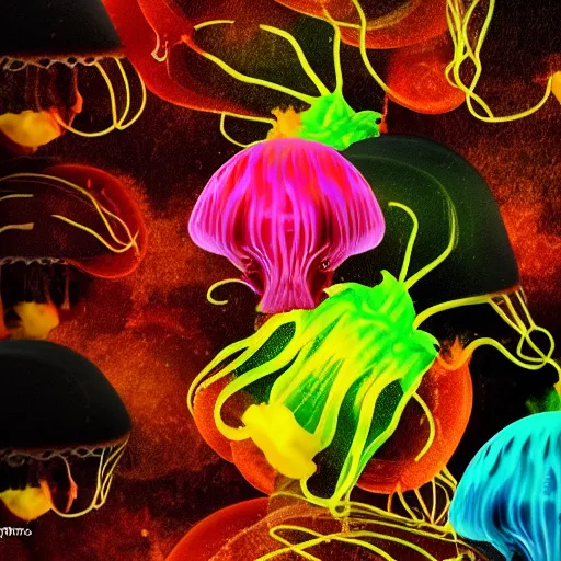 Image similar to hamburger mix jellyfish, cg, 8 k, surrealistic, sharp focus, style by andy warhol