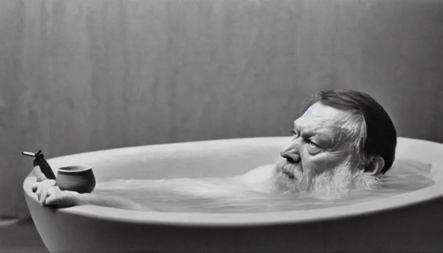 Image similar to 1 9 6 0 s movie still by tarkovsky of an elder socrates drinking hemlock in a bowl in his bath, cinestill 8 0 0 t 3 5 mm b & w, high quality, heavy grain, high detail, panoramic, cinematic composition, dramatic light, anamorphic, jacques louis david style, raphael style, piranesi style