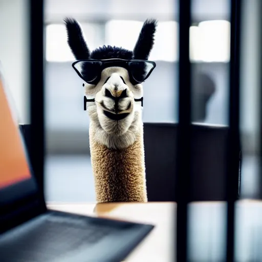 Image similar to photo of Llama in an office, wearing a suit and spectacles, looking at a computer, coffee mug, 50mm, beautiful photo