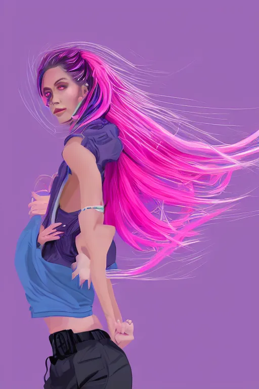 Image similar to a award winning half body porttrait of a beautiful woman in a croptop and cargo pants with ombre purple pink teal hairstyle with head in motion and hair flying, outrun, vaporware, shaded flat illustration, digital art, trending on artstation, highly detailed, fine detail, intricate