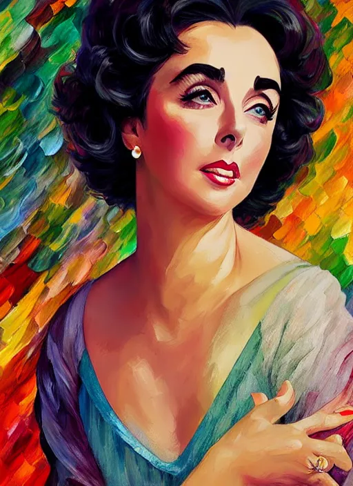 Prompt: elizabeth taylor, wearing mid - century clothes,, half body shot, path traced, highly detailed, high quality, digital painting, alena aenami, leonid afremov, lilia alvarado, shinji aramaki, karol bak, alphonse mucha, tom bagshaw