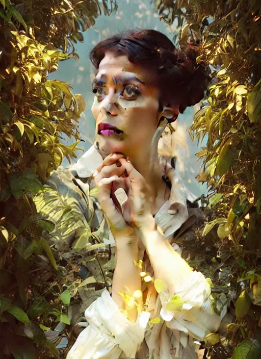 Image similar to hyper realistic photographer looking through a vintage medium format camera, design on white background, beautiful details, lush foliage cyberpunk, gold, drawn by john singer sargent, tom bagshaw, norman rockwell, alphonso mucha, lolish, trending on artstation