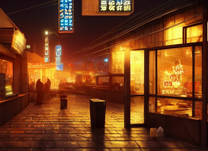 Prompt: through a window, a small cozy ramen restaurant in a busy thriving cyberpunk street at night, trending on cgsociety, unreal engine, 4 k wallpaper