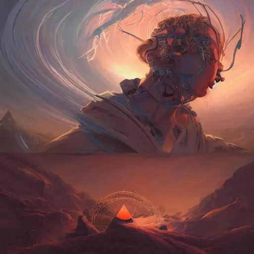 Image similar to paralyzed possessed by the deceased, the all seeing eye in the forehead of reality, a fire of a million guns, the mother of a millions sounds, god emperor of civilization illustration trending on artstation, anime. by peter mohrbacher and artgerm and greg rutkowski and ilya kuvshinov. high quality, stunning, intricate detailed landscape. 8 k