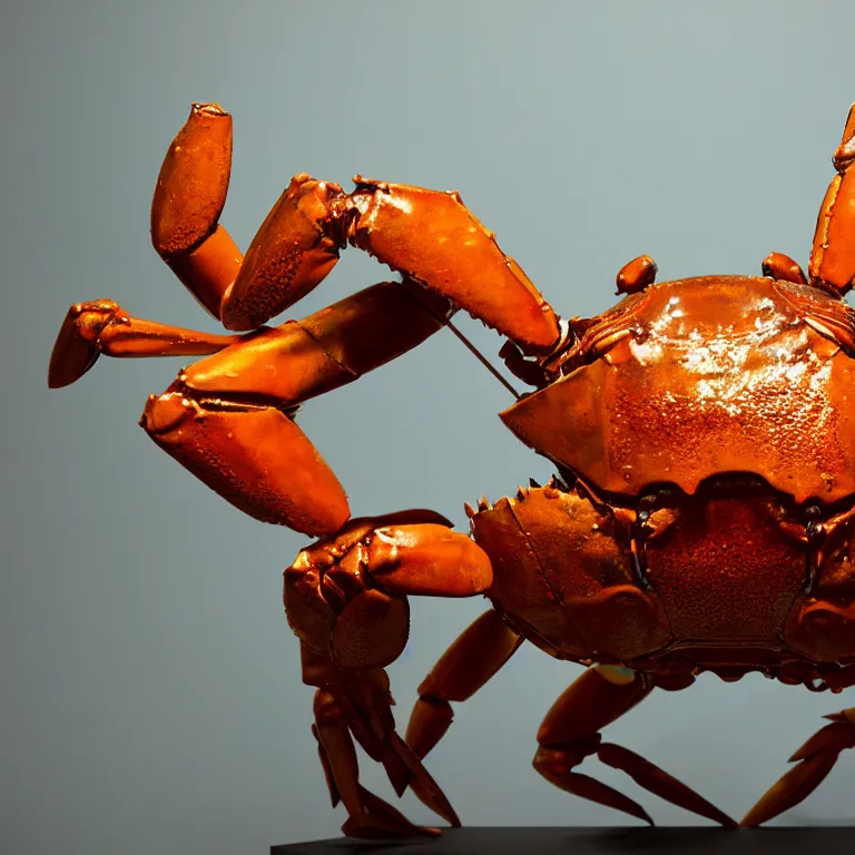 Prompt: hyperrealistic sculpture of an rusted iron tasmanian giant crab crab fossil encased in a solid tube of iridescent glass on a pedestal by ron mueck and duane hanson and damien hirst, hyperrealistic dramatic colored lighting trending on artstation 8 k