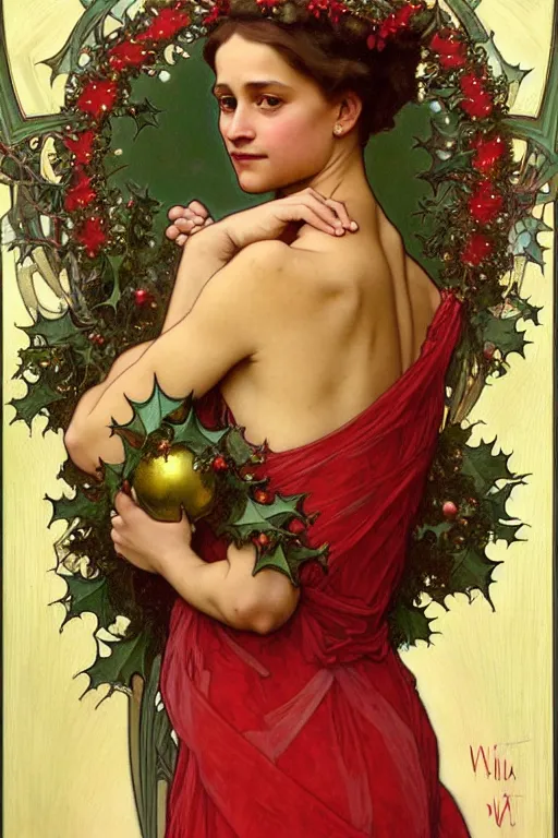 Image similar to realistic art nouveau style detailed portrait of alicia vikander wearing a holly wreath as a crown at christmas by alphonse mucha, william adolphe bouguereau, and donato giancola art nouveau style, red and green christmas colors