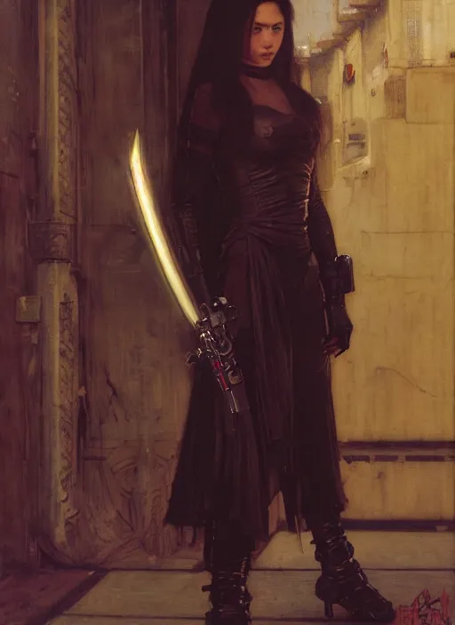 Prompt: Silent Maria. Brazilian cyberpunk katana wielding assassin wearing jumpsuit. (Cyberpunk 2077, bladerunner 2049). Iranian orientalist portrait by john william waterhouse and Edwin Longsden Long and Theodore Ralli and Nasreddine Dinet, oil on canvas. Cinematic, vivid colors, hyper realism, realistic proportions, dramatic lighting, high detail 4k