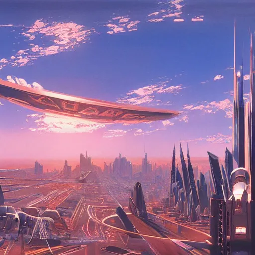 Image similar to aerial view of a science-fiction cityscape, cinematic angle, cinematic lighting, blue sky, sun in the sky, by Syd Mead, John Harris, Federico Pelat