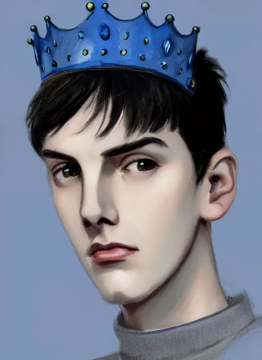 Image similar to portrait of teenage jughead jones wearing a light grey crown, crown, light grey crown, blue turtleneck, 1 9 5 0 s, closed eyes, intricate, elegant, glowing lights, highly detailed, digital painting, artstation, concept art, smooth, sharp focus, illustration, art by wlop, mars ravelo and greg rutkowski