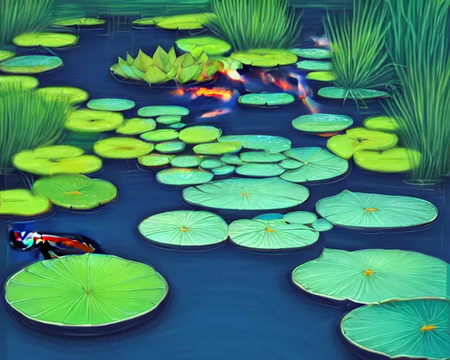 Image similar to Digital painting of koi pond, lotus flowers, dark blue water, green lily pads, goldfish, a fantasy digital painting by makoto shinkai and Alena Aenami, trending on artstation,