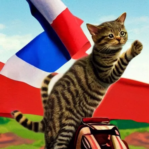 Image similar to a small cat holding his national flag is riding a large cat and traveling the world and going into battles