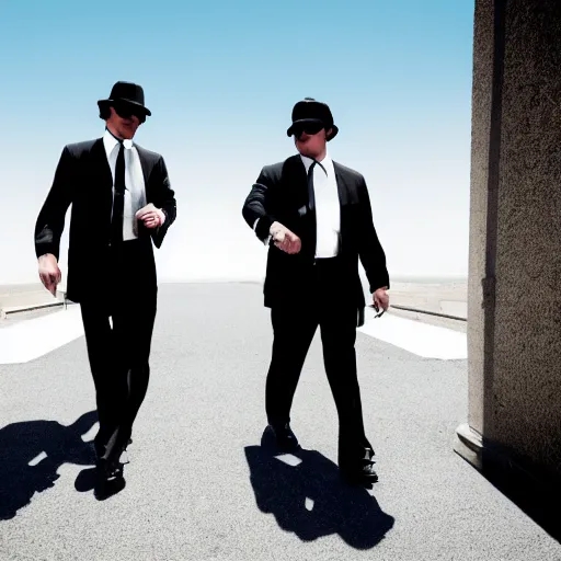 Image similar to blues brothers walking towards camera with white background. wearing suits. strong shadows. high contrast. serious look. carrying a pistol