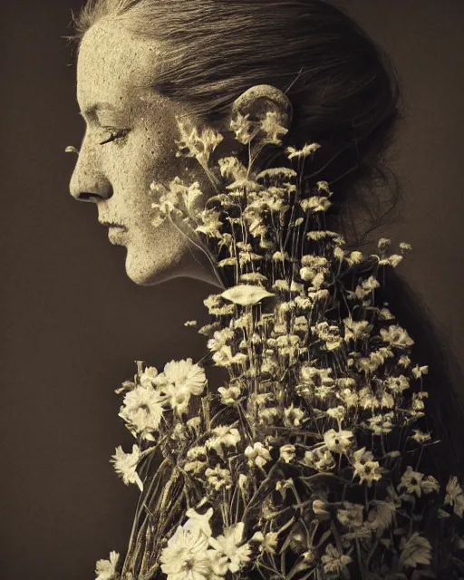 Image similar to a woman's face in profile, made of wildflowers skeleton, in the style of the dutch masters and gregory crewdson, dark and moody