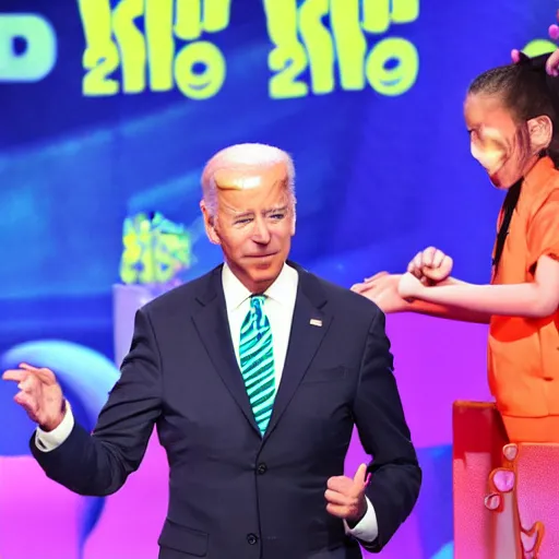 Image similar to joe biden getting slimed at the kids choice awards, dynamic, cinematic photo