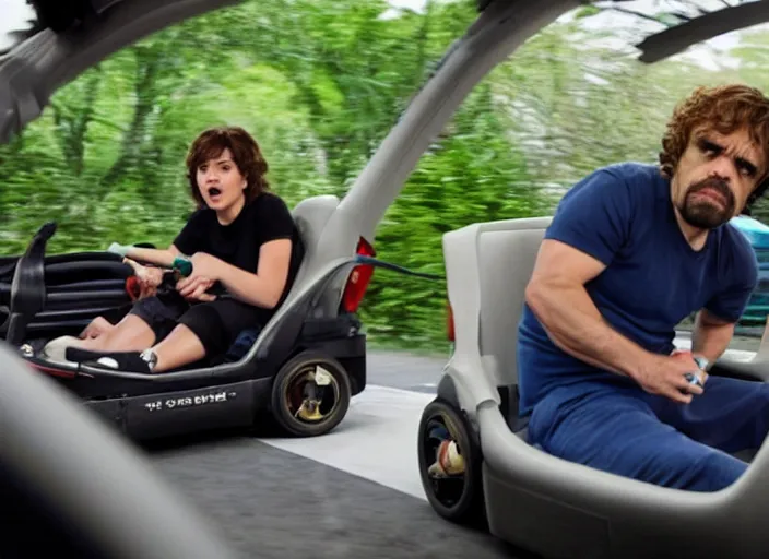 Prompt: peter dinklage and alexandra daddario driving a little tikes cozy coupe, movie still, from the new fast and furious tokyo drift movie, 8 k, realistic
