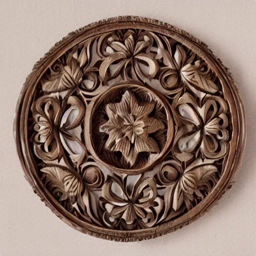 Prompt: ornate carved wood ornaments depicting floral arrangements