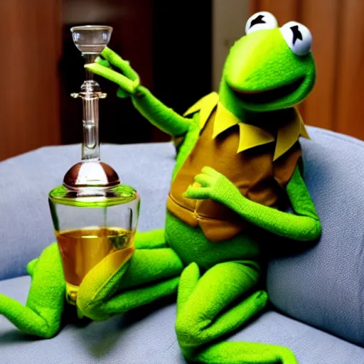 Image similar to candid photo of kermit the frog sitting on the couch smoking out of a bong, kermit the frog in ted ( 2 0 1 2 ) bong rip, kermit the frog, high resolution photo, trending on artstation, interior design, bong rip,