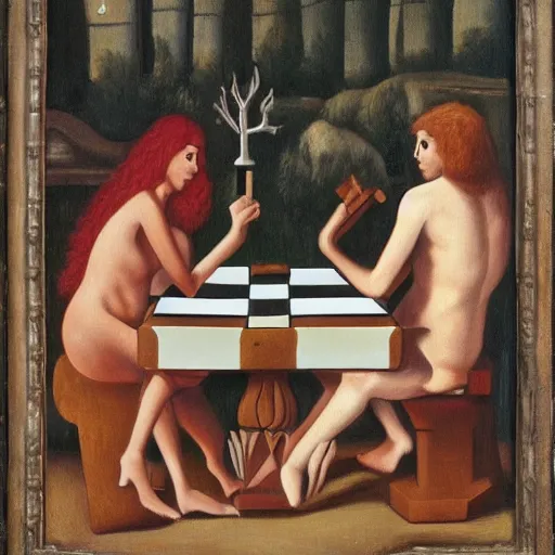 Prompt: Adam and Eve playing chess on a chessboard, while the serpent watches. Oil painting.