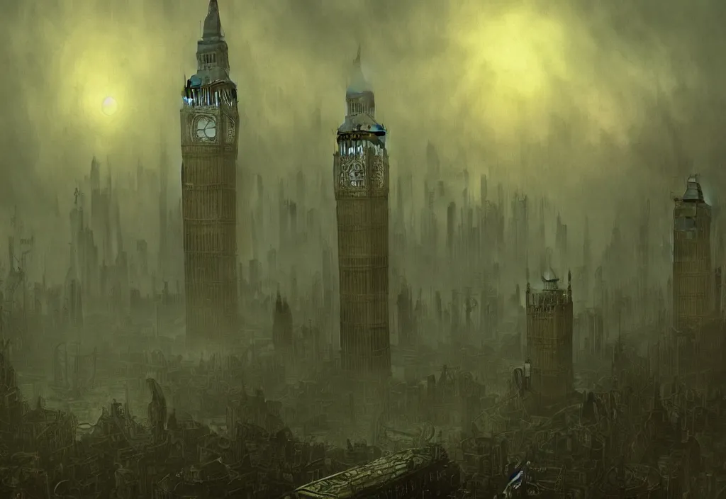 Image similar to cthulhu attacks london with tentacles in green mist by carl gustav carus, clocktower, steampunk, digital art, 4k, trending on artstation, highly detailed