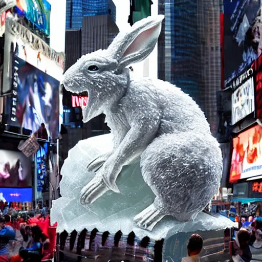 Image similar to a realistic ice sculpture of a very scary bunny with sharp teeth made by michelangelo, standing in times square, 3 d render, hyper detailed, sharp focus, 8 k resolution