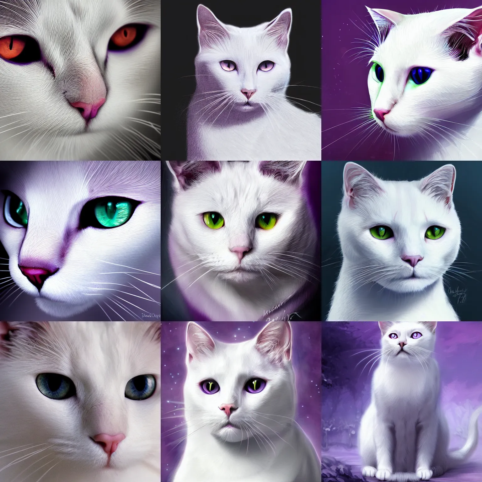 Prompt: Portrait of a white cat, purple eyes, noble, fantasy, digital art, HD, detailed.