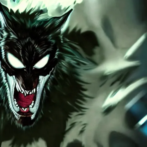 Image similar to a werewolf with a blue venom symbiote, movie still