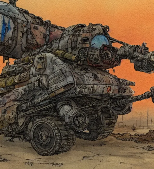 Image similar to a 3 / 4 view watercolor ink painting of a post - apocalyptic mad max / fallout style tank in the style of jean giraud in the style of moebius trending on artstation deviantart pinterest detailed realistic hd 8 k high resolution