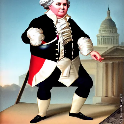 Image similar to action photograph of a fat George Washington as a 1999 hip hop star