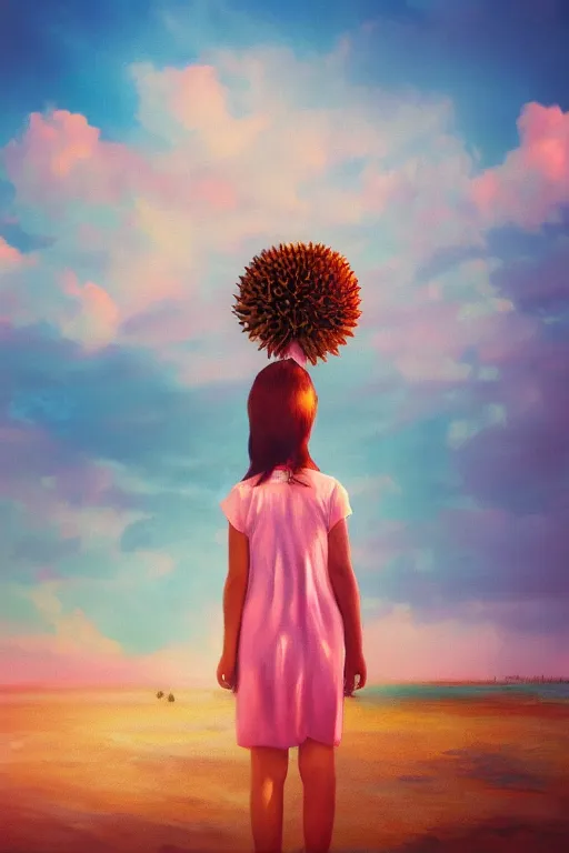 Image similar to closeup girl with huge dahlia flower head, on beach, surreal photography, blue sky, sunrise, dramatic light, impressionist painting, digital painting, artstation, simon stalenhag