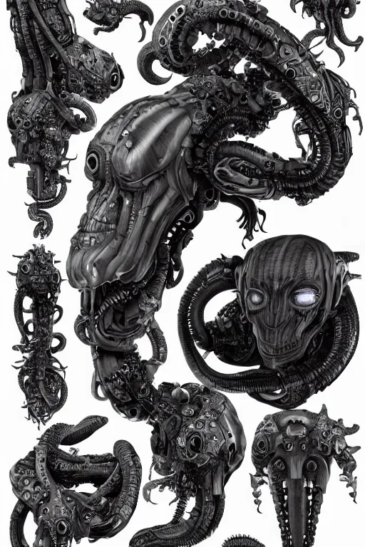 Image similar to very symmetrical!! cyborg space octopus with gunmetal grey skin, muscular system diagram, cyberpunk face, highly detailed, japanese, mecha asthetic, mechanical implants, three - view reference sheet ( front / back / side ), in the style of dan ouellette, dren from splice, hr giger, sil from species, artstation, unreal engine