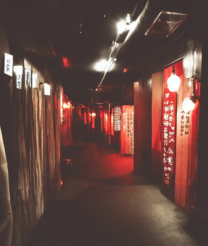 Image similar to spooky photo of a dark infinite hallway of a japanese izakaya with open lit doorways all the way down, dramatic lighting, smoke, ceiling fluorescent lighting, black and red colour palette