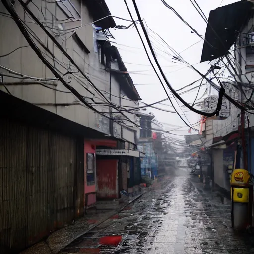 Prompt: rain - soaked alley with messy overhead cables in yongsan district, seoul, south korea.