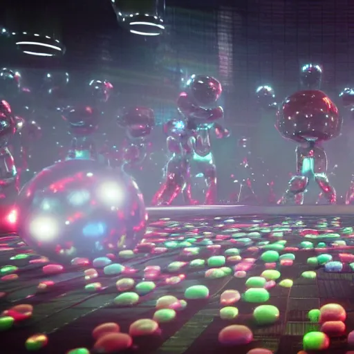 Image similar to promotional movie still wide - angle 3 0 m distance. fuzzy pearlescent robots ( ( cat ) ) 1 million into the future ( 1 0 0 2 0 2 2 ad ) like disco music, disco balls, dance - off contests. very dramatic atmospheric volumetric lighting, octane 3 d render, ue 5, imax, saturday night fever ( film )