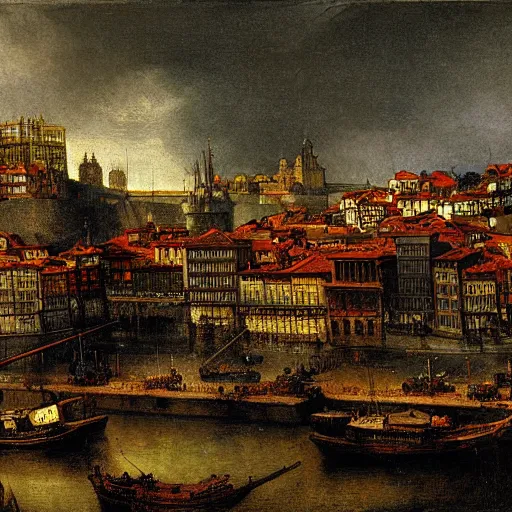 Prompt: Porto skyline, painting by Rembrandt, high detail, high resolution