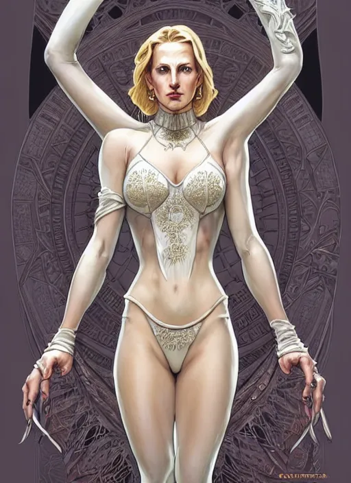 Image similar to symmetry!! intense fanart of back pose of emma frost as acotar protagonist, traditional queen dress, intricate, hyper detailed background, elegant, highly detailed, my rendition, digital painting, artstation, concept art, smooth, sharp focus, illustration, art by artgerm, greg rutkowski and alphonse mucha, by hajime sorayama and boris vallejo