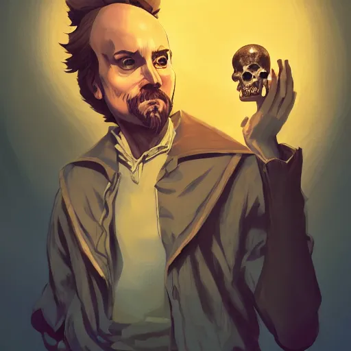 Image similar to William Shakespeare as Hamlet holding Yorick\'s skull, to be or not to be, ambient lighting, 4k, anime key visual, lois van baarle, ilya kuvshinov, rossdraws, artstation