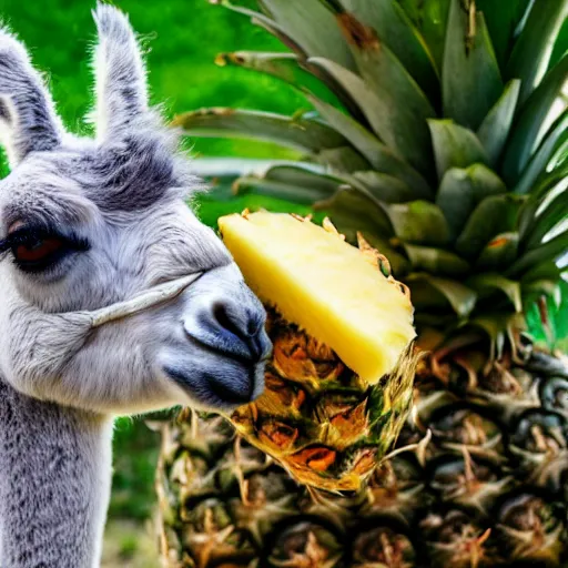 Prompt: a drunk llama eating a pineapple